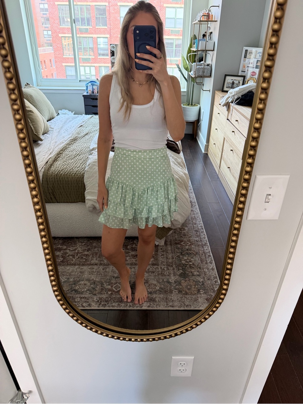 Zara Mint Green Polka Dot Tiered Ruffle Mini Skirt